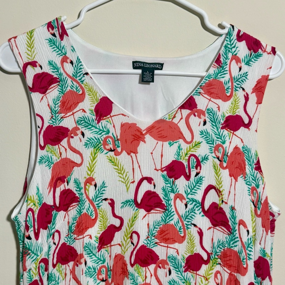 Nina Leonard Sleeveless Flamingo Print Dress, Size Large - Picture 2 of 4